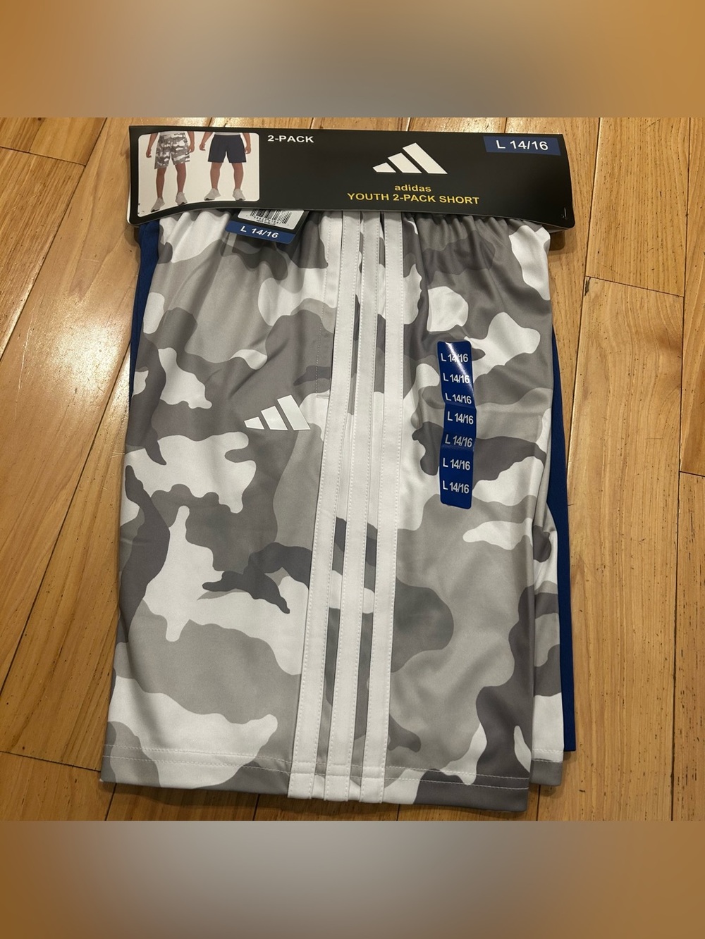 NWT Adidas Youth 2 Pack Set of Casual Athletic Shorts - Grey Camo & Blue - Large